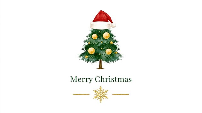 Christmas Growth Greeting Card with Watercolor Tree in Santa Hat and Merry Christmas Text