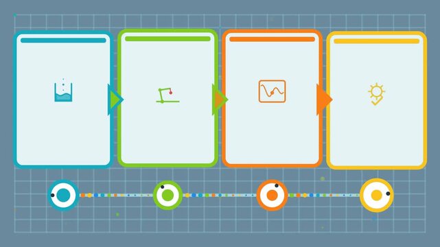 Animated infographic timeline with four steps, process flowchart, and corporate business strategy diagram for presentations, data visualization, and workflow concepts