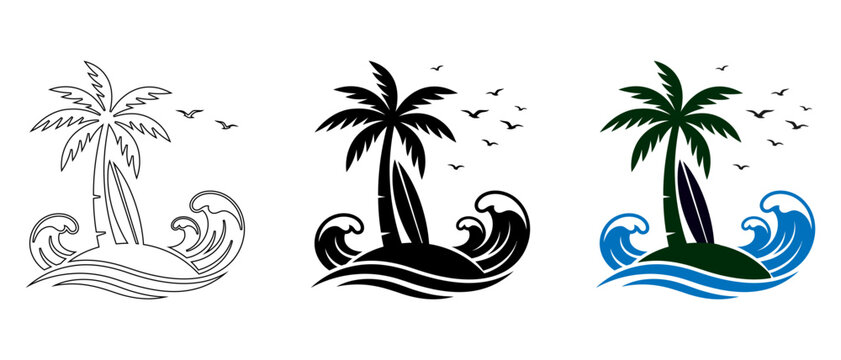 Set of tropical island icons with palm tree, surfboard, and ocean waves, vector illustration