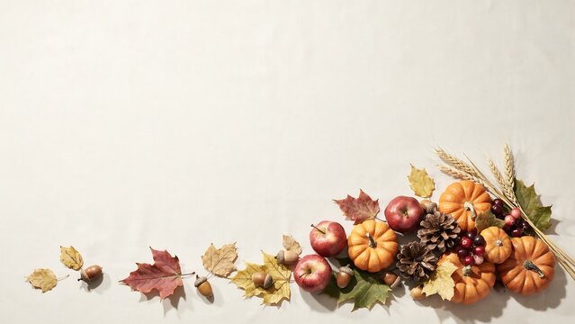 Fall season flat lay with pumpkins and autumn leaves