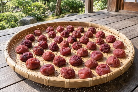 縁側の竹ざるに並べて天日干しする赤い梅干し