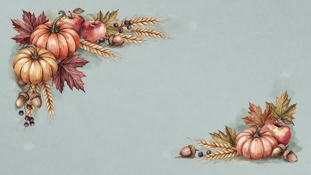 Watercolor autumn harvest corner border with pumpkins