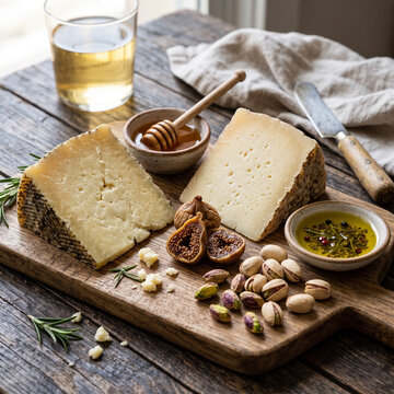 Goat & Sheep Blend: An artfully arranged selection of regional European cheeses, featuring a slice of Spanish Payoyo (mixed milk) and a wedge of Greek Kefalograviera (sheep/goat). Accompaniments: drie