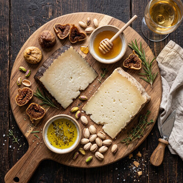 Goat & Sheep Blend: An artfully arranged selection of regional European cheeses, featuring a slice of Spanish Payoyo (mixed milk) and a wedge of Greek Kefalograviera (sheep/goat). Accompaniments: drie