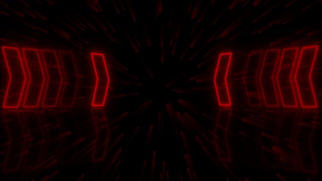 Chevron arrows animation advances with light streaks and floor reflections. Interface navigation data guides arrows. Display consoles operate with chevron arrows.