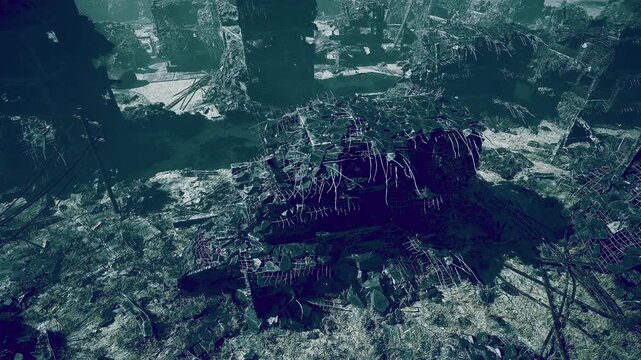 Amidst the eerie silence, shattered structures lay in disarray, their skeletal remains hinting at a once vibrant place, now overtaken by natures grip and times relentless passage.