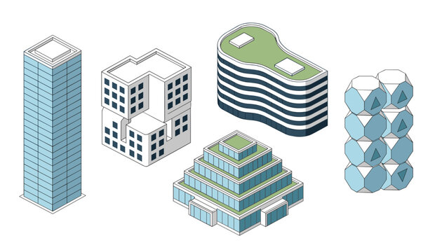Collection of various modern architectural buildings with unique geometric designs and skyscrapers arranged in a simple isometric city landscape.