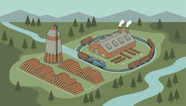 Lumber industry scene featuring a factory with trains transporting logs, wood storage piles, and a flowing river through a pine tree forest environment.
