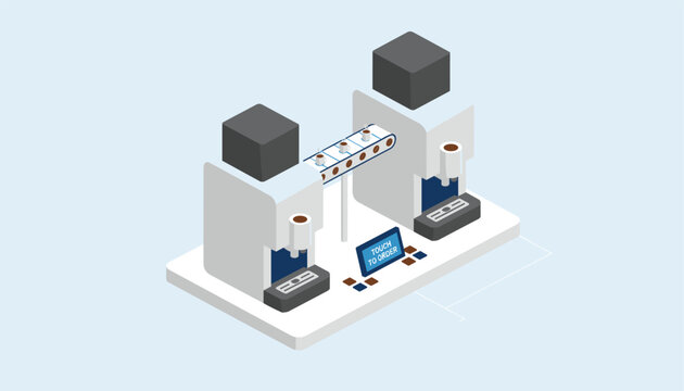 Automated self-service coffee machines with a conveyor belt and a touch-to-order screen in a modern commercial cafe or service environment.