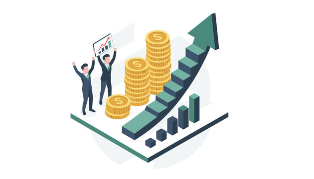 Business growth concept showing two professionals celebrating financial success next to a rising bar chart and a stack of gold coins.