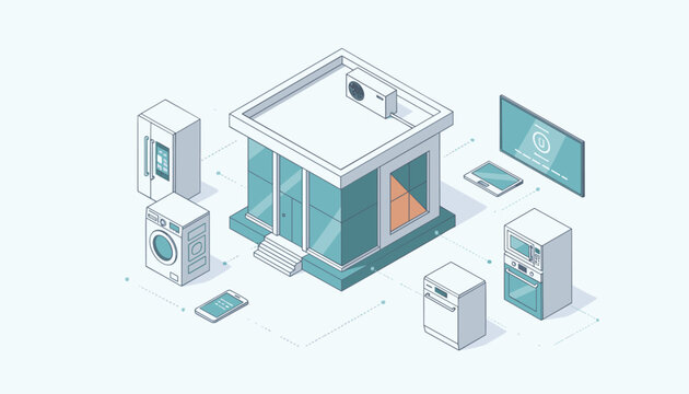 Smart home hub connecting various household appliances like a refrigerator, washing machine, oven, and air conditioning to a central mobile phone system.