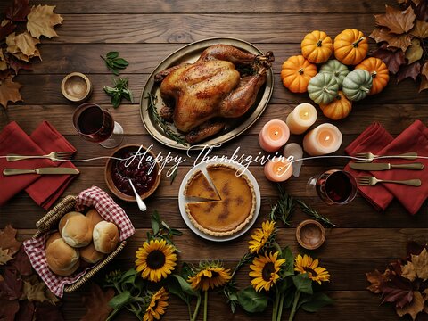 Happy Thanksgiving dinner table with roasted turkey pumpkin pie and candles