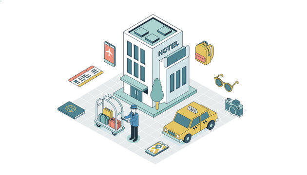 Hotel travel booking concept featuring a bellboy with luggage, a taxi, and various travel accessories integrated with a smartphone map interface.