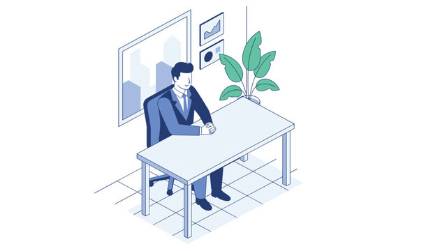 Professional businessman sitting at his desk in an office with charts and a plant, reflecting on business productivity and strategic planning.