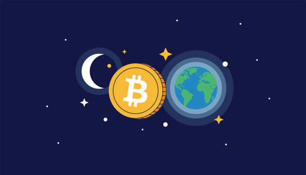 Cryptocurrency and global finance concept with a golden bitcoin coin placed between the moon and the earth in a starry night sky setting.