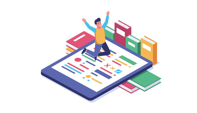 Person jumping with joy on a digital tablet screen surrounded by books, representing the excitement of successful learning and course completion.