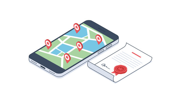 Mobile phone map navigation for real estate locating homes with a signed contract document, representing successful property buying or selling.