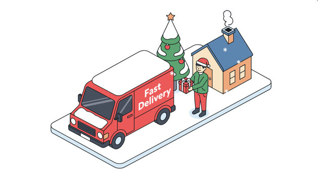 Christmas fast delivery service with a courier delivering a gift box from a truck to a house next to a decorated Christmas tree in winter.