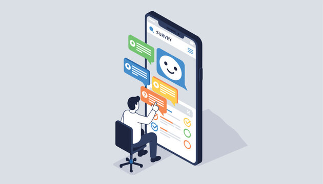 Person sitting at a chair and answering a customer satisfaction survey on a large smartphone screen with chat bubbles in an office workspace.