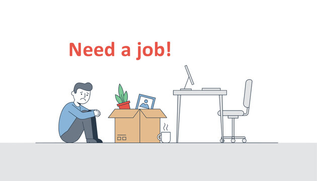 Unemployed person looking sad next to a box of office belongings in a room with a desk, representing job loss and the need for new employment.