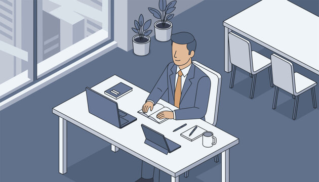 Professional businessman sitting at a desk in a modern office with a laptop, reflecting on business work and planning during a productive day.