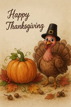 Happy thanksgiving cute cartoon turkey with big pumpkin in autumn setting