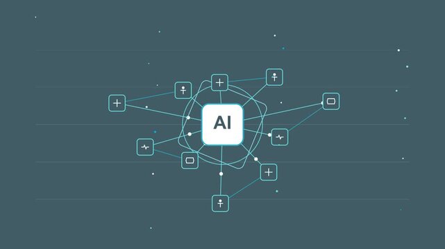 Artificial intelligence network animation with connected tech nodes and data flow on dark background