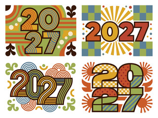 Fototapeta premium Set of four retro modern 2027 year typography designs with geometric patterns and colorful vintage style graphic elements