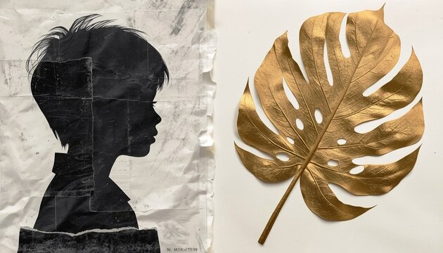 Black silhouette of child profile on crumpled paper beside golden monstera leaf on cream background, diptych art concept