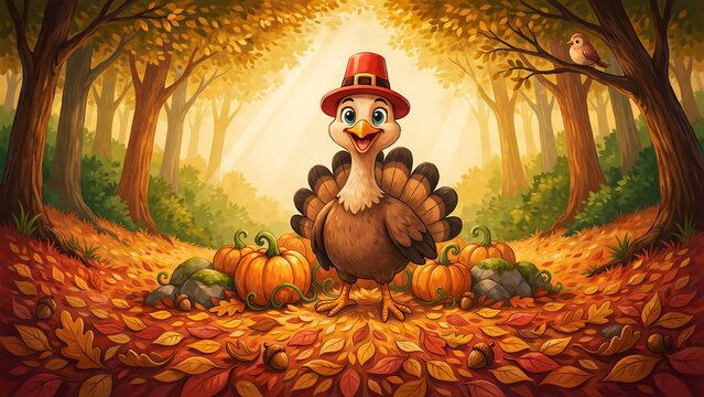 Adorable cute cartoon turkey with pilgrim hat in magical autumn forest