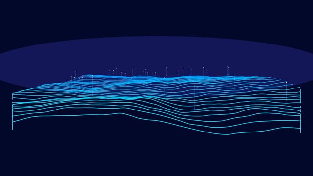 Blue abstract digital wave grid animation background, glowing wireframe terrain, technology concept