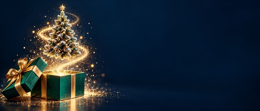 Golden Spiral Christmas Magic Above Green Gift Box on Wide Navy Banner