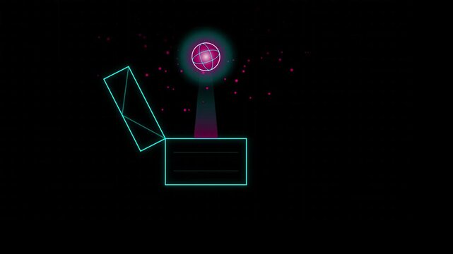 Glowing neon loot chest with floating anti gravity orb in dark