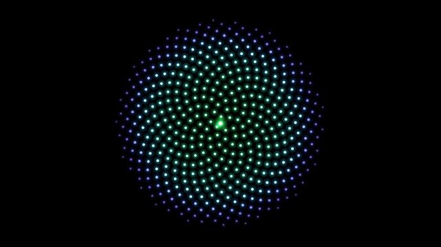 Glowing green light point expanding into geometric fibonacci spiral