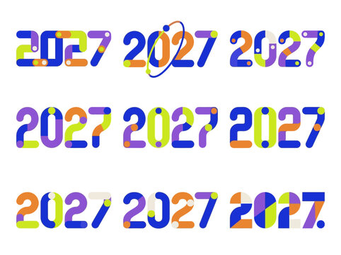 Set of nine creative 2027 year number designs with colorful geometric shapes and modern abstract typography for New Year greeting cards and calendar layouts