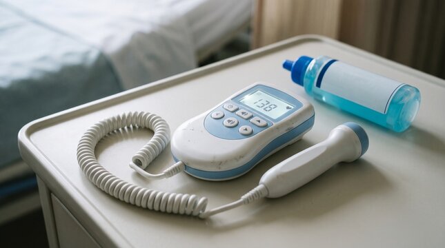 Medical fetal doppler machine on hospital tray table, ultrasound heart rate monitor device, healthcare pregnancy monitoring equipment