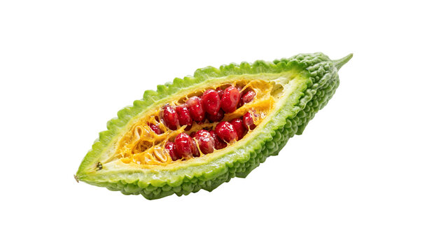Ripe bitter melon with vibrant red seeds, organic green bitter gourd vegetable, tropical balsam pear for healthy cooking and herbal medicine isolated on Transparent Background