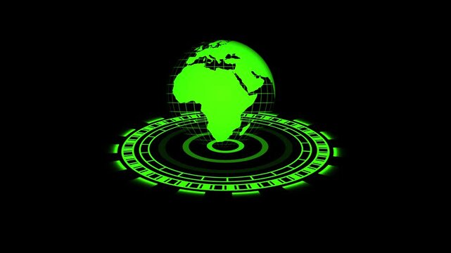 Earth globe animation integrates a circular futuristic HUD interface on dark. Telecom network data routes across Earth globe. Defense consoles operate with globe.