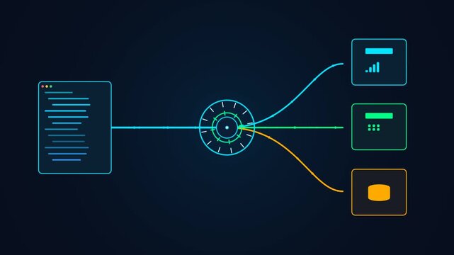 Data processing and api integration animated infographic: information flowing from source code to multiple cloud databases and analytics dashboards in a modern cybernetic tech environment