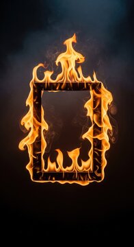 Intense orange and yellow flames consume a rectangular black empty picture frame set against a dark, moody and smoky textured background, spark, conflagration, charred