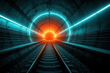 Fototapeta premium View through dark subway tunnel towards bright orange light. Modern train tracks lead into glowing center. Blue neon light strips line concrete walls. Perspective shot showing long underground