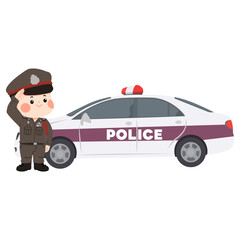 Cute Thai Policeman Character Saluting Next to Patrol Car Vector © focus_bell