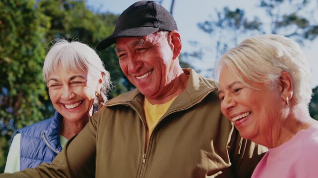 Fitness, selfie and senior people at park, relax and profile picture after workout or laugh together. Outdoor, photography and happy friends on break, exercise and memory on social media in nature