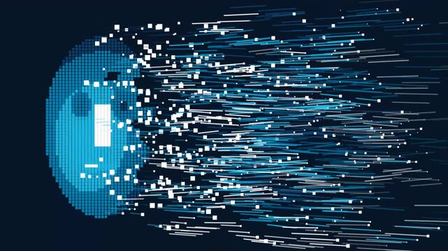 Digital human face dissolving into data streams and pixels, abstract artificial intelligence and cyber security motion background animation