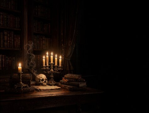 Mystical Skull and Candles in Dark Library with Old Books