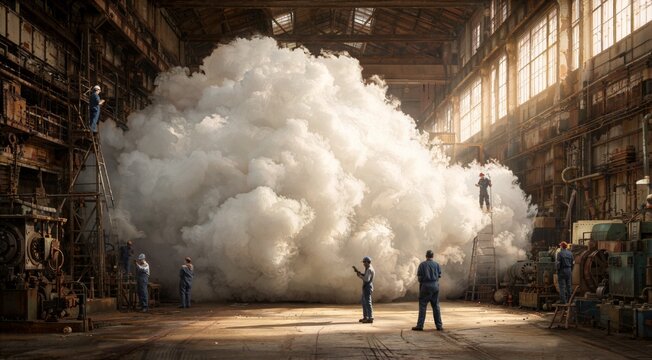 Industrial workers standing in massive white smoke cloud inside factory hall
