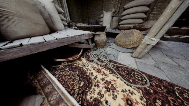Inside a rustic workshop, a beautifully patterned rug lays on the floor, accompanied by sacks, woven baskets, and remnants of craftsmanship that echo the past.
