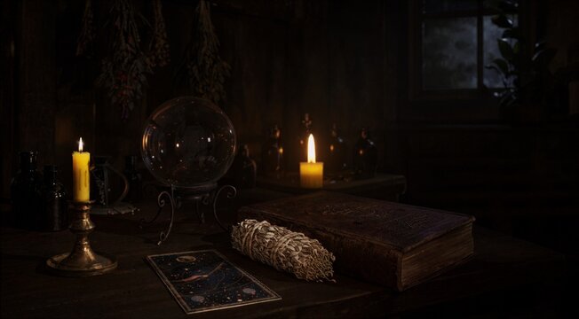 Mystical Witchcraft Altar with Candles, Crystal Ball and Ancient Grimoire