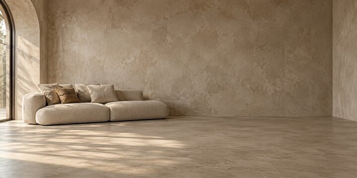 Warm beige greige plaster wall and cream modular sofa in a sunlit minimalist living room with arched window, soft natural shadows, textured concrete floor and generous copy space for interior mockup