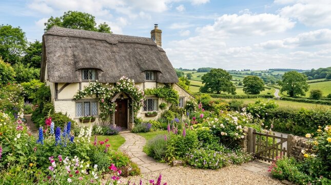 A charming thatched cottage sits nestled in a picturesque English countryside landscape.